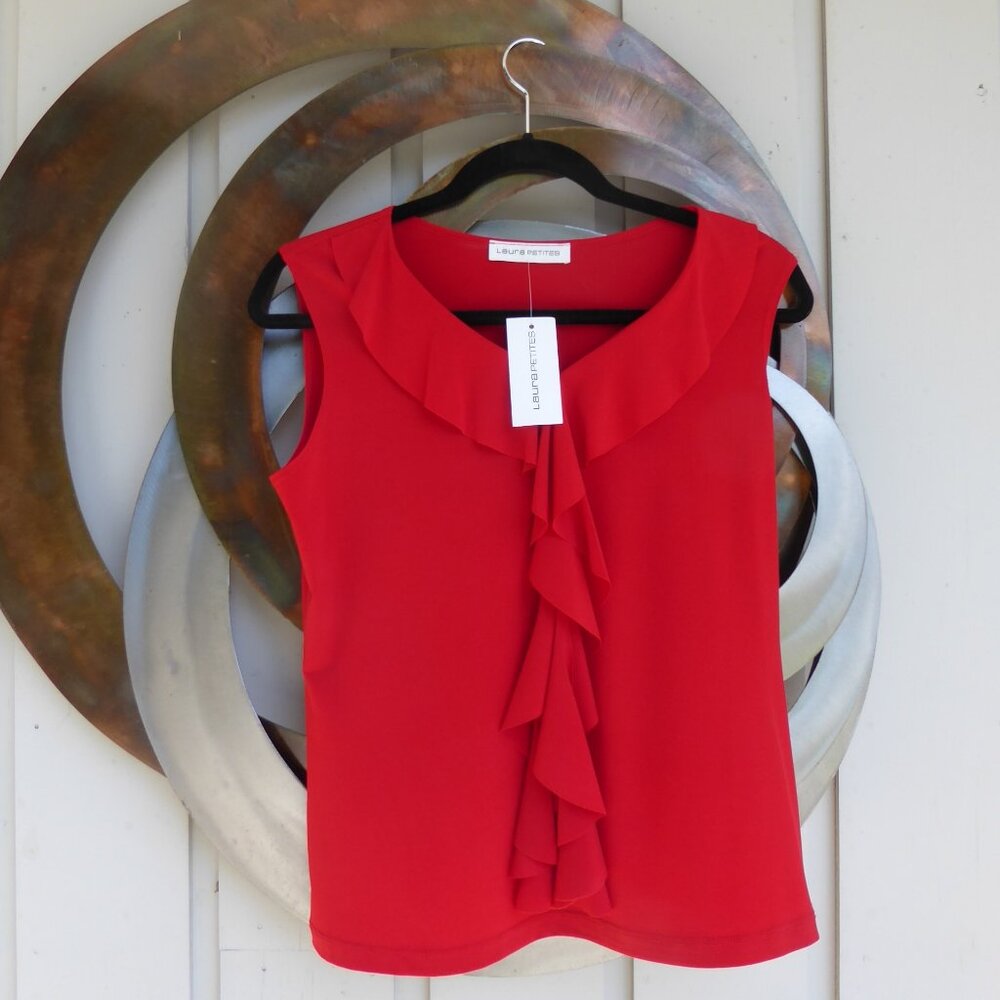 Versatile Sleeveless Unique V Neck Red Jersey Top, Size M